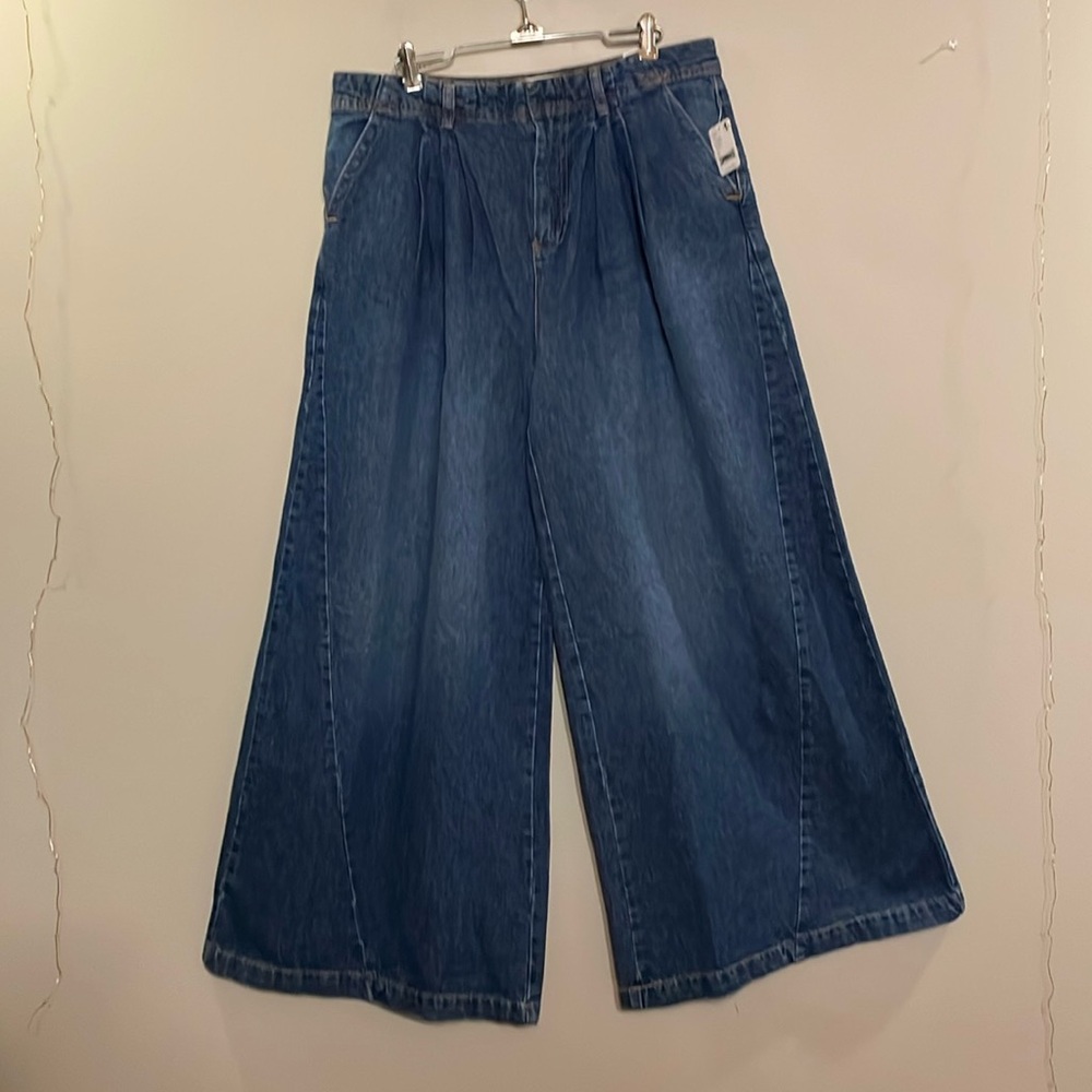 Free People Pleated High-Rise Wide Leg Jeans in Medium Blue - Picture 3 of 13